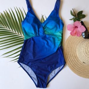 Onepiece gradient blue green full cover swimsuit bathingsuit